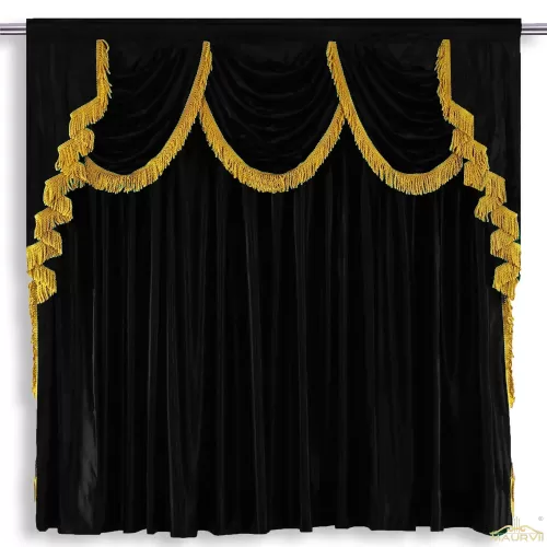 Home theatre curtain with valance in black.