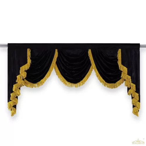 The black swag valance with golden fringe