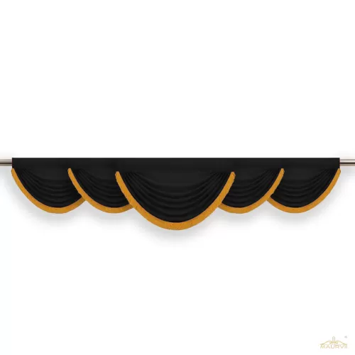 Black velvet valance with golden trim.