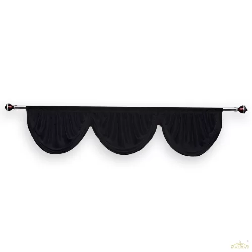 Black swag valance with gold trim.