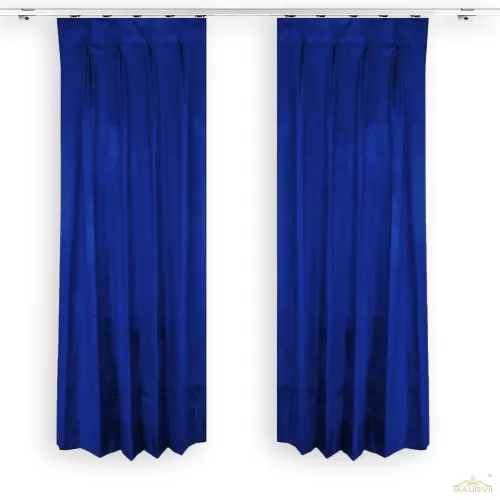Pleated blue bedroom curtains hung in rooms