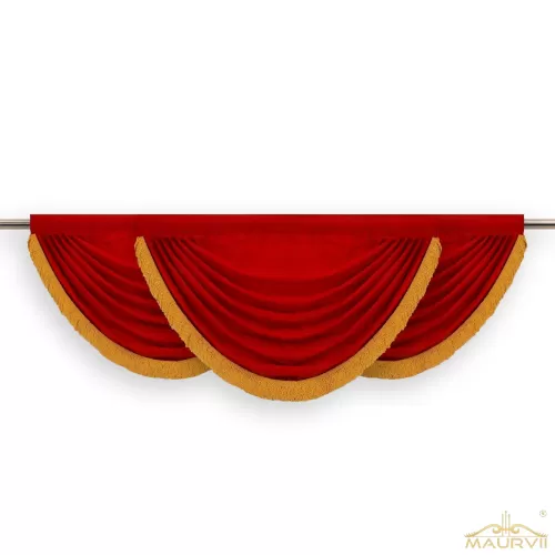 Christmas valance in red with gold trim.
