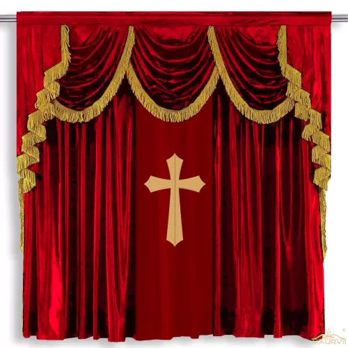 Church stage curtains in red with a cross