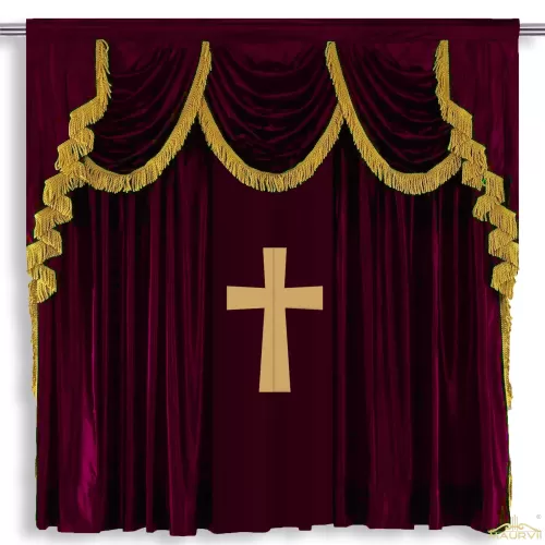 The golden cross is sewn with burgundy drape