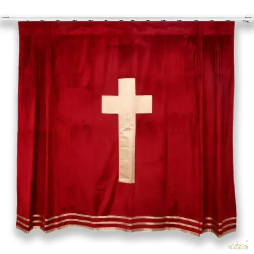 Church stage curtains in burgundy with cross