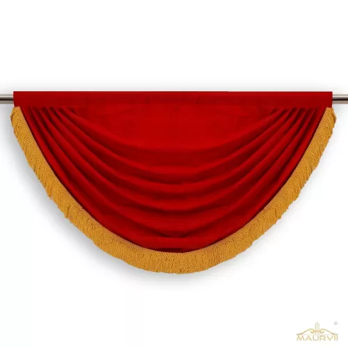 Red swag valance for church window covering.
