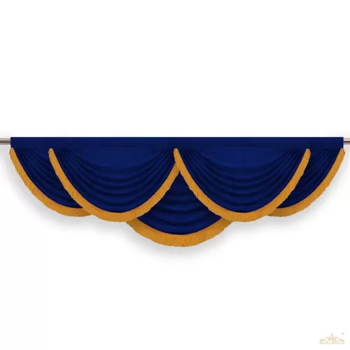 Denim blue swag valance with gold fringe