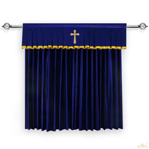 Blue drapes for church with valance