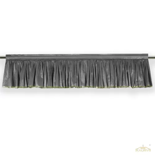 Gray pleated window valance with golden trim