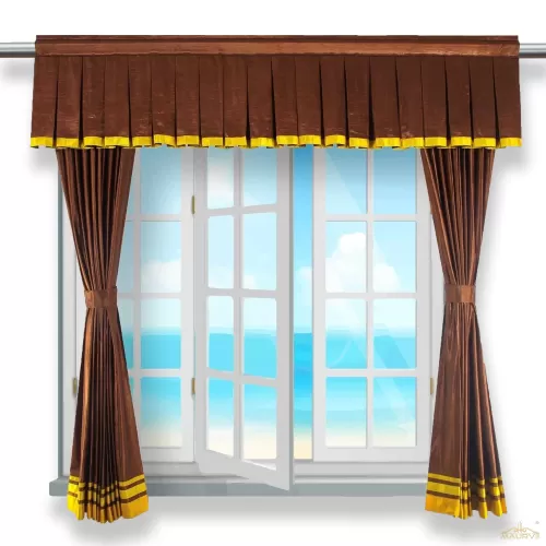 curtains with brown box pleats and a border
