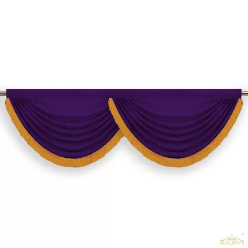 Swag valance in plum colour with gold trim