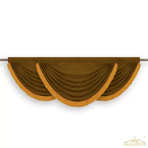 Brown window valance in swag style with lace